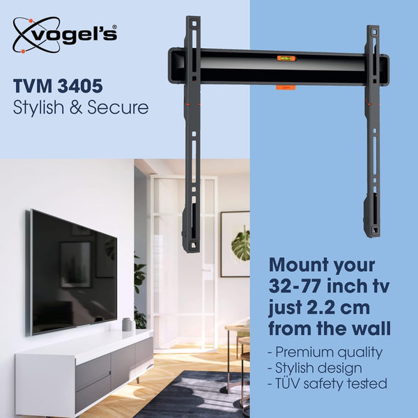 Vogel's TVM 3405 Fixed Flat TV Wall Mount Bracket for 32-77 Inch TVs, Holds Maximum 50 kg TVs, Maximum VESA 400 x 400, Universal Compatibility, Distance From The Wall Only 2.2 CM