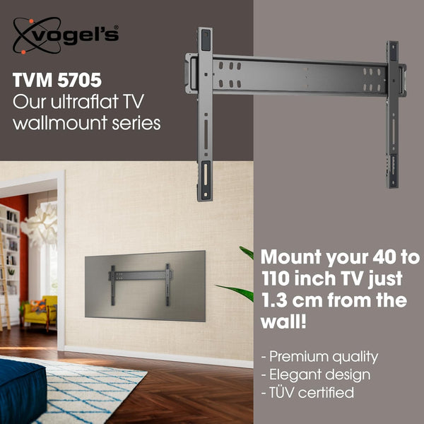Vogel's TVM 5705 – Ultra-slim TV wall mount with GuidanceSystem™ for safe and easy hanging of large TVs, 40–110 inch, max. 100 kg, TÜV certified, VESA 600x400, wall distance 1.3 cm