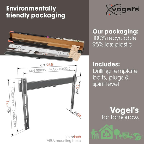Vogel's TVM 5605 Extremely Flat Fixed TV Wall Mount Bracket for 40-100 inch TVs, Holds Max. 100 kg TVs, Bracket Max. VESA 600x400, Universally compatible Distance to the wall only 1.5 cm