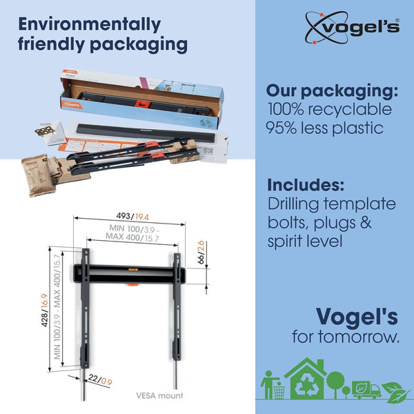 Vogel's TVM 3405 Fixed Flat TV Wall Mount Bracket for 32-77 Inch TVs, Holds Maximum 50 kg TVs, Maximum VESA 400 x 400, Universal Compatibility, Distance From The Wall Only 2.2 CM