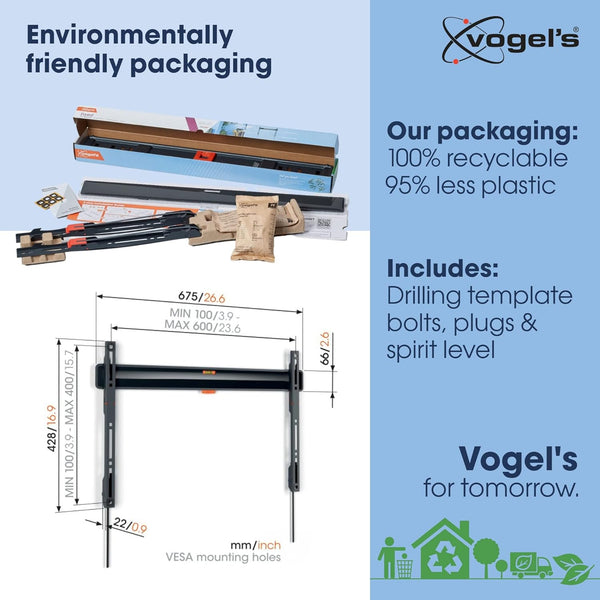 Vogel's TVM 3605 Fixed Flat TV Wall Mount Bracket for 40-100 Inch TVs, Holds Maximum 75 kg TVs, Maximum VESA 600 x 400, Universal Compatibility, Distance from The Wall Only 2.2 cm