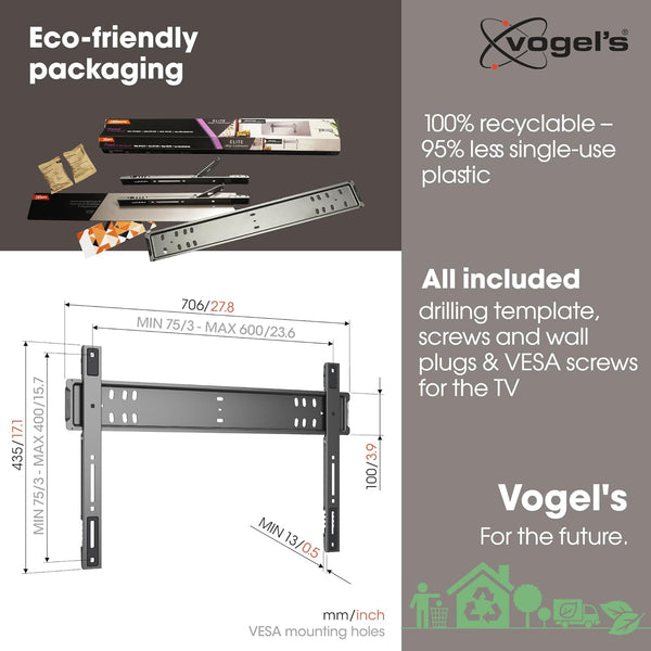 Vogel's TVM 5705 – Ultra-slim TV wall mount with GuidanceSystem™ for safe and easy hanging of large TVs, 40–110 inch, max. 100 kg, TÜV certified, VESA 600x400, wall distance 1.3 cm