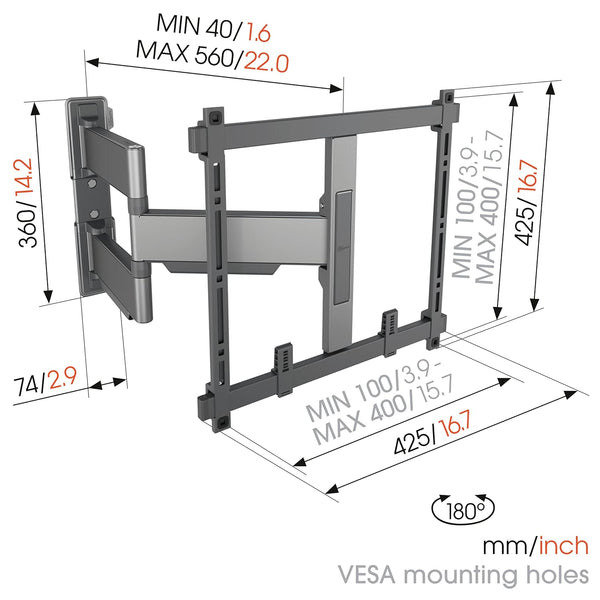 Vogel's TVM 5445 Full-Motion Ultra-Thin TV Wall Mount Bracket for 32-65 Inch TVs, Holds Up To Max. 35 KG, Swivels Up To 180°, Bracket Max. VESA 400x400, Universally Compatible
