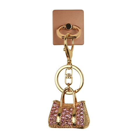 iOrigin Ring Grip/ Kick Stand + Gold Bag with Acrylic Pink Diamonds Key Chain for Mobile Phones & Tablets