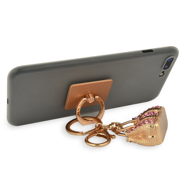 iOrigin Ring Grip/ Kick Stand + Gold Bag with Acrylic Pink Diamonds Key Chain for Mobile Phones & Tablets