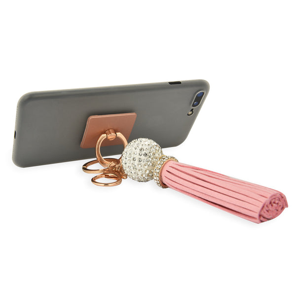 iOrigin Ring Grip/ Kick Stand + Acrylic Diamond Studded Ball with Faux Leather Tassel Key Chain for Mobile Phones & Tablets
