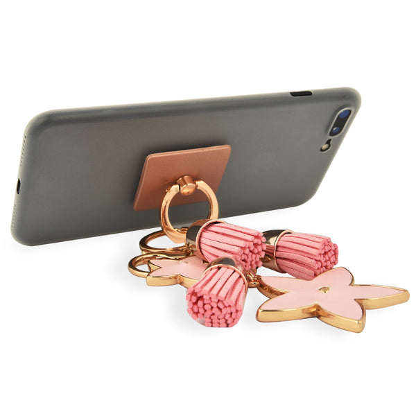 iOrigin Ring Grip and Kick Stand + Pink Flowers with Faux Leather Tassels Key Chain for Mobile Phones & Tablets