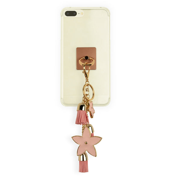 iOrigin Ring Grip and Kick Stand + Pink Flowers with Faux Leather Tassels Key Chain for Mobile Phones & Tablets