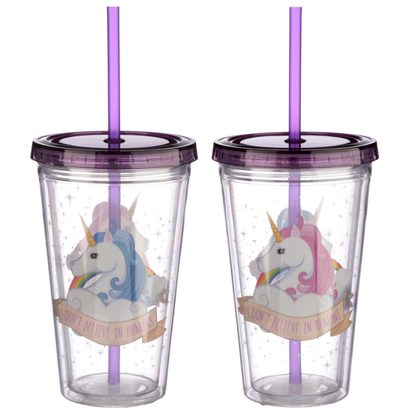Unicorn Plastic Double Walled Cup with Straw and Lid