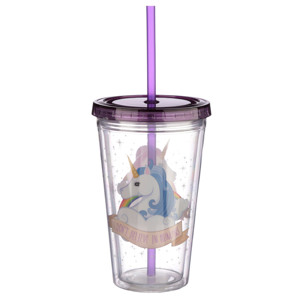 Unicorn Plastic Double Walled Cup with Straw and Lid