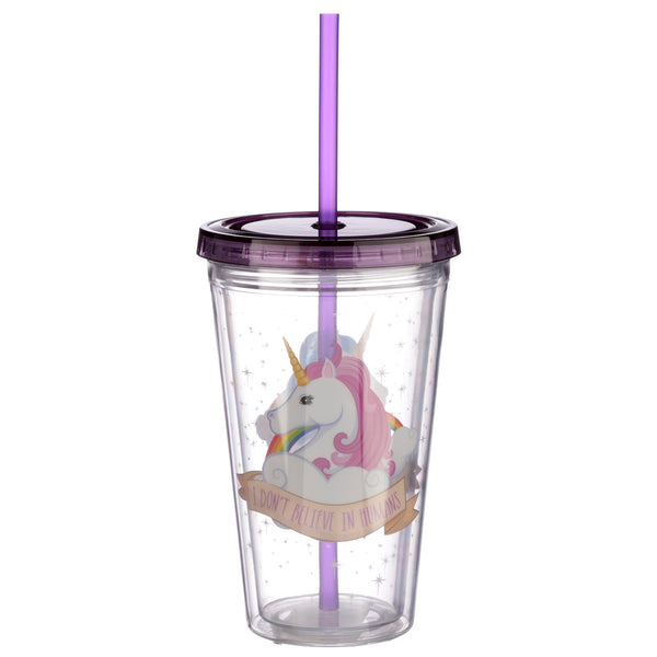 Unicorn Plastic Double Walled Cup with Straw and Lid
