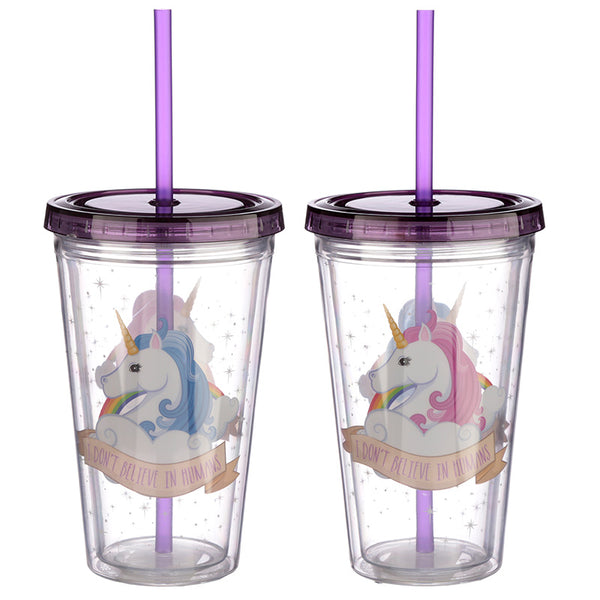 Unicorn Plastic Double Walled Cup with Straw and Lid