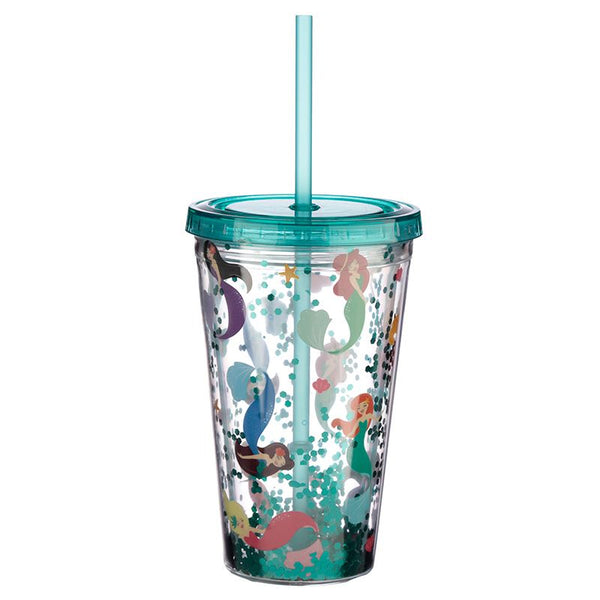 Mermaid Glitter Plastic Double Walled Cup With Straw