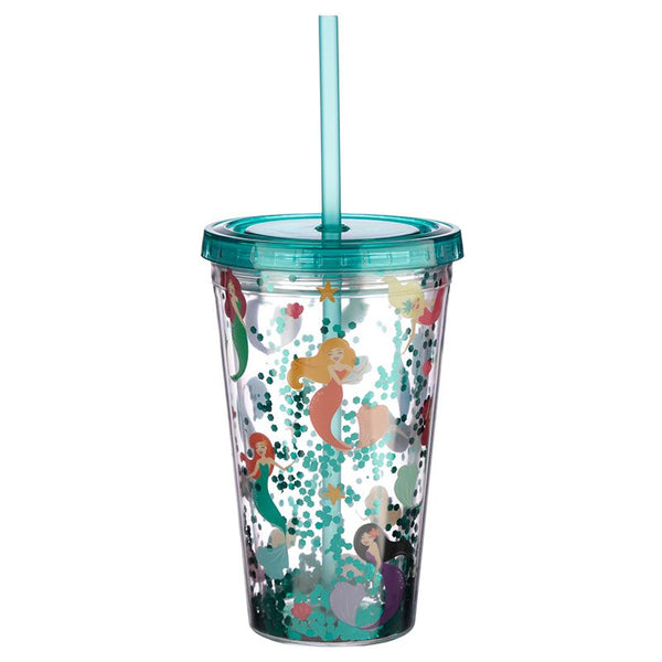 Mermaid Glitter Plastic Double Walled Cup With Straw