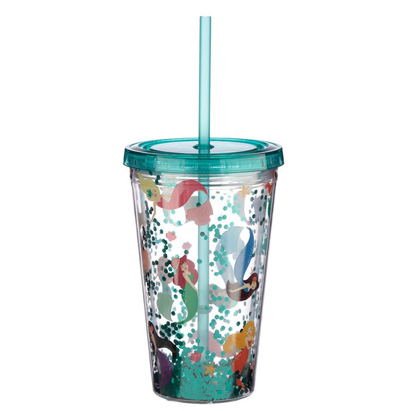 Mermaid Glitter Plastic Double Walled Cup With Straw