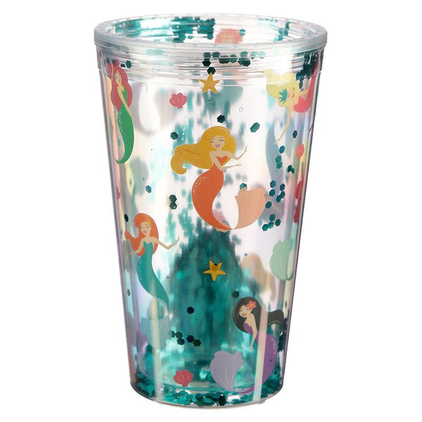 Mermaid Glitter Plastic Double Walled Cup With Straw