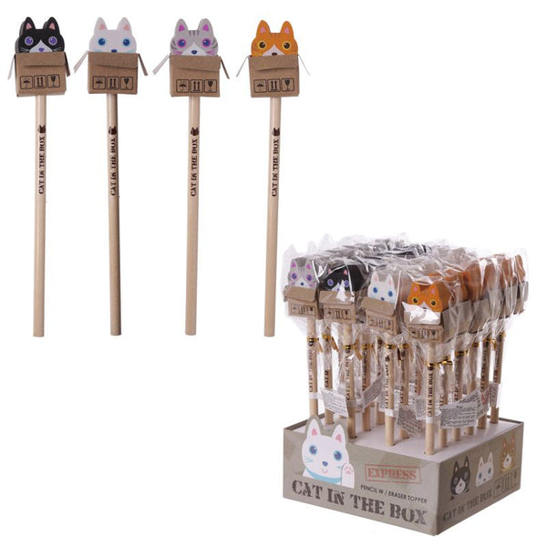 Cute Cat in a Box Pencil with Eraser Top