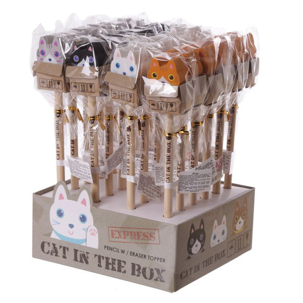 Cute Cat in a Box Pencil with Eraser Top
